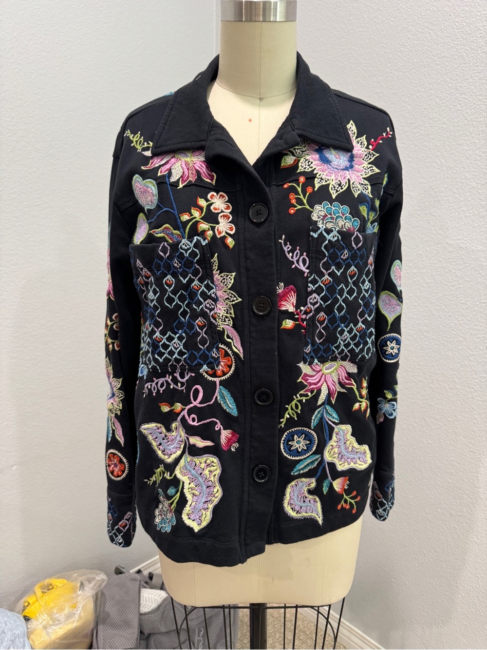 Johnny Was Embroidered Floral Button-Front Jacket